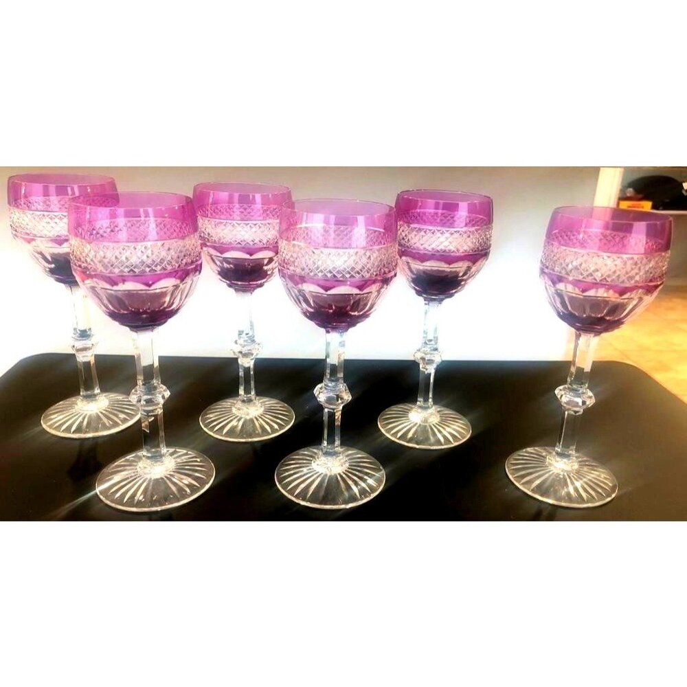 6 ST LOUIS TRIANON AMETHYST PURPLE SIGNED HOCK WINE 7 1/8" TALL CUT CROSS HATCH